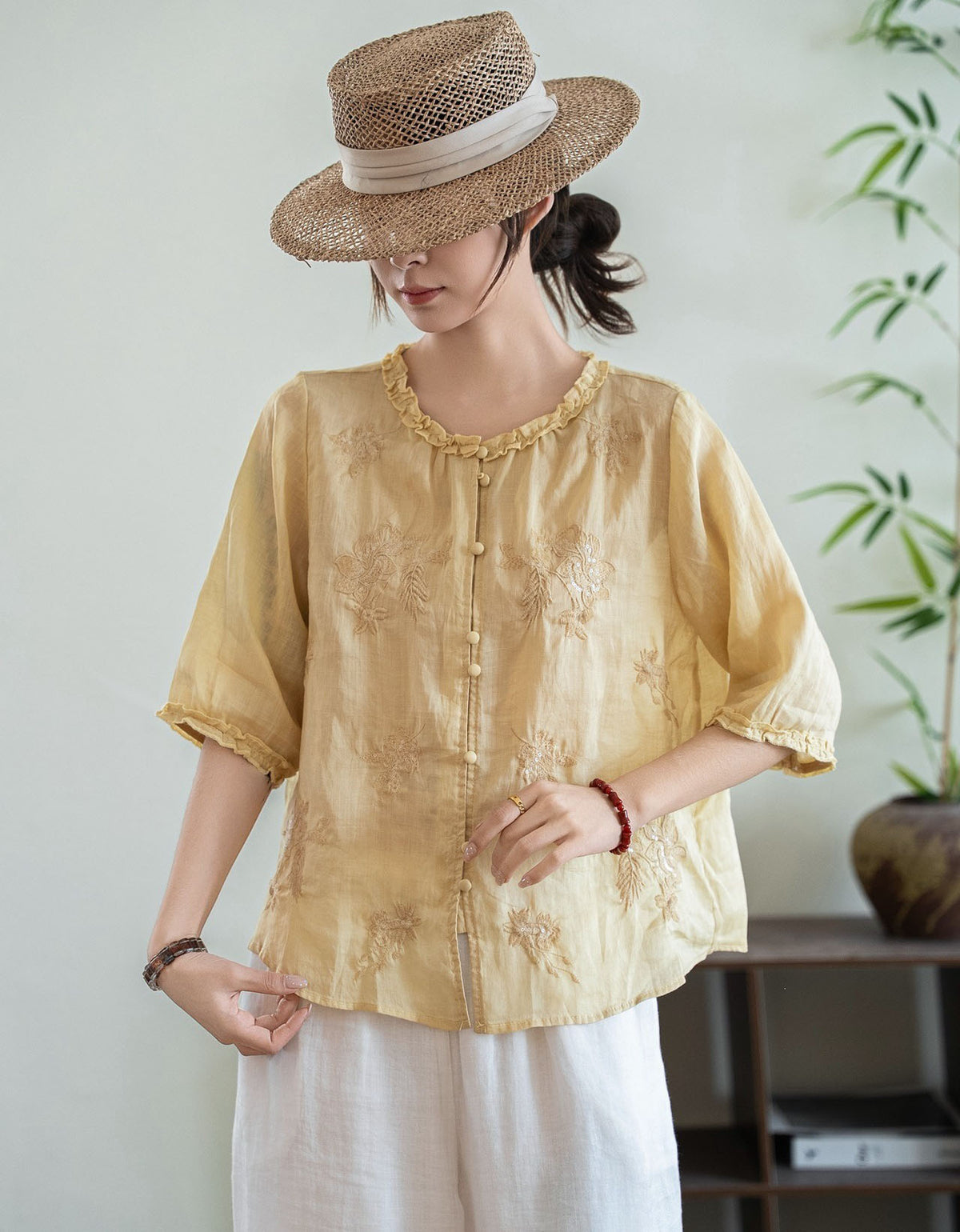 Lightweight embroidered linen summer top women