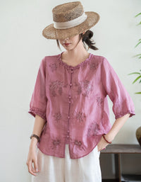 Vintage inspired pink linen blouse front view