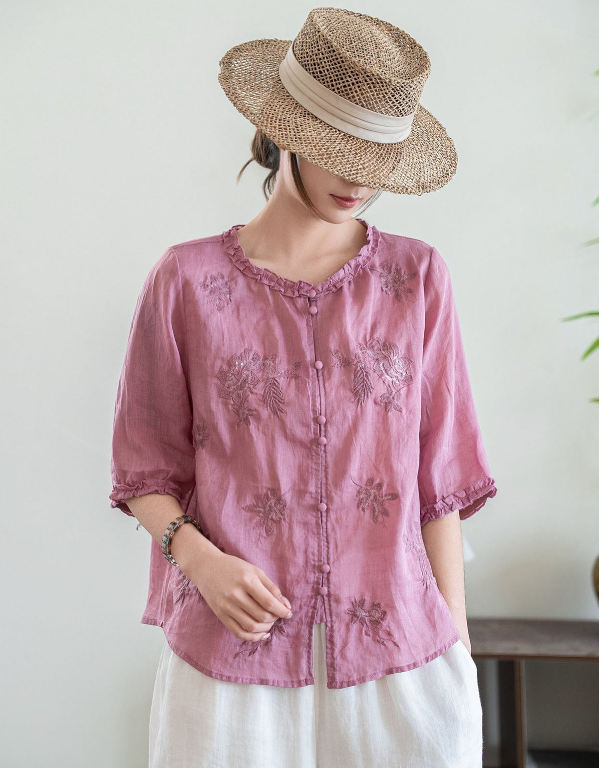Boho floral embroidery linen blouse with buttons