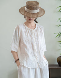 Women's Pink Embroidered Linen Casual Summer Blouse
