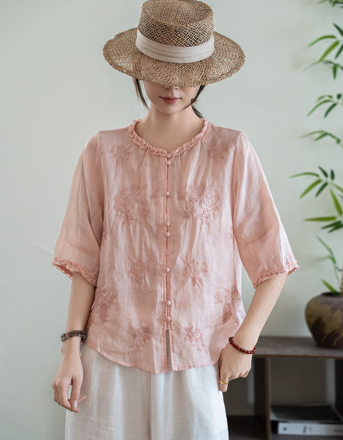Women's casual linen shirt with embroidery detail