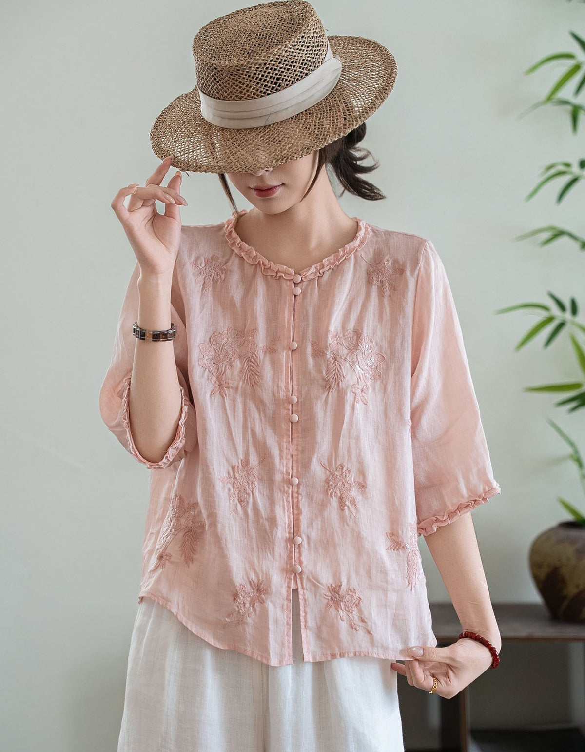 Elegant pink embroidered linen shirt for women