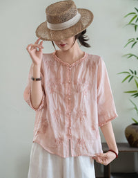 Elegant pink embroidered linen shirt for women