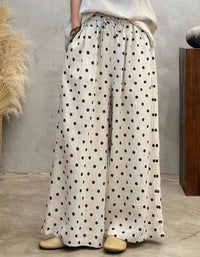 Polka dot linen wide leg pants for women with drawstring waist
