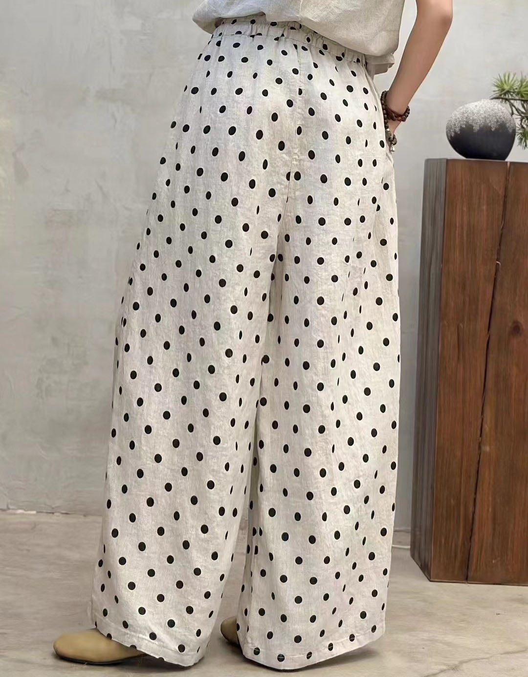 Relaxed fit polka dot pants women natural linen fabric