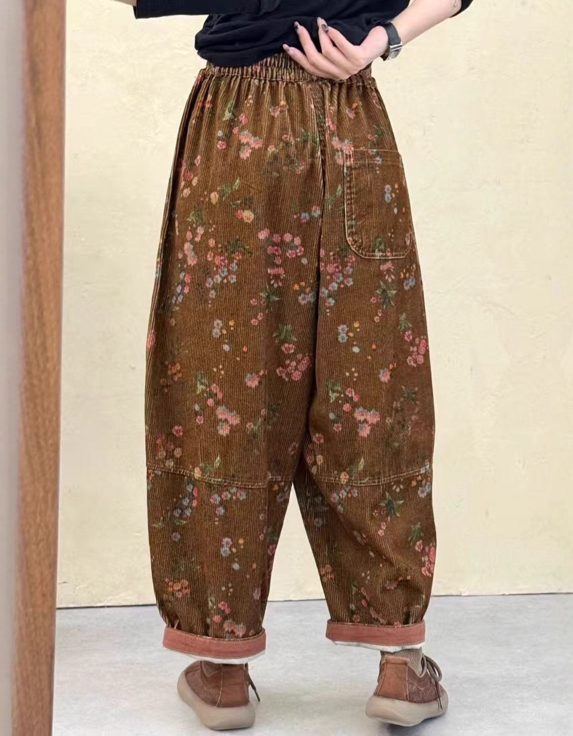 Women's Relaxed Fit Floral Pattern Baggy Corduroy Pants