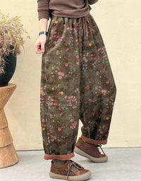 Women's Relaxed Fit Floral Pattern Baggy Corduroy Pants