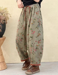 Women's Relaxed Fit Floral Pattern Baggy Corduroy Pants