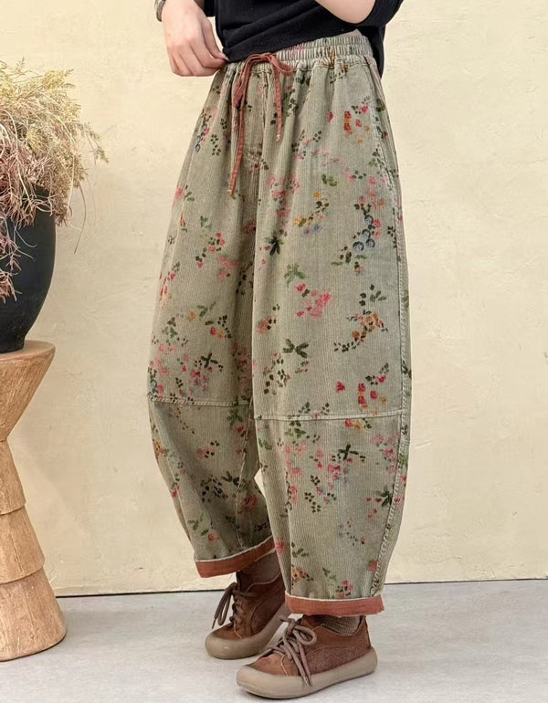 Women's Relaxed Fit Floral Pattern Baggy Corduroy Pants