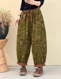 Women's Relaxed Fit Floral Pattern Baggy Corduroy Pants