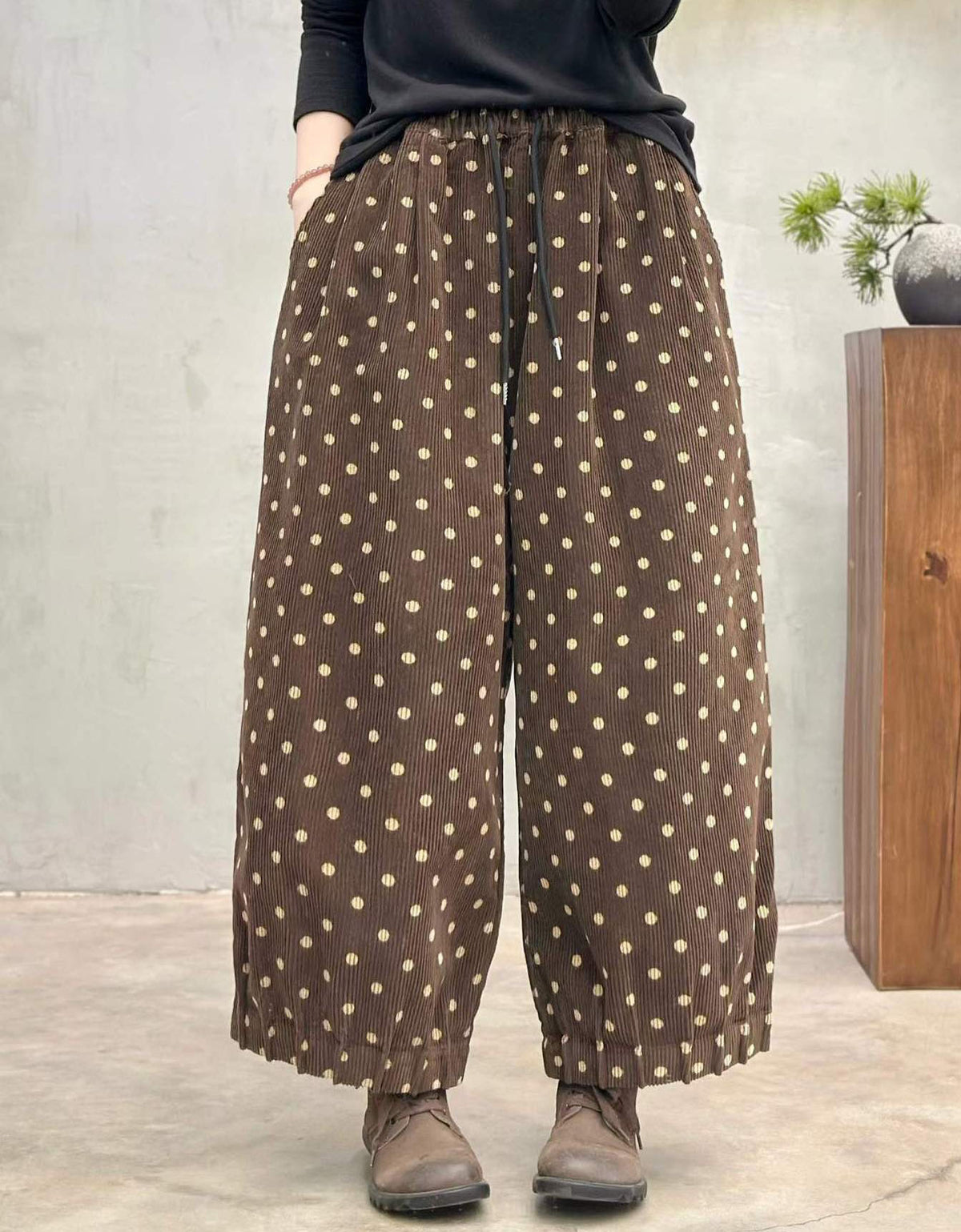 Women's Wide Leg Polka Dot Elastic Waist Trousers