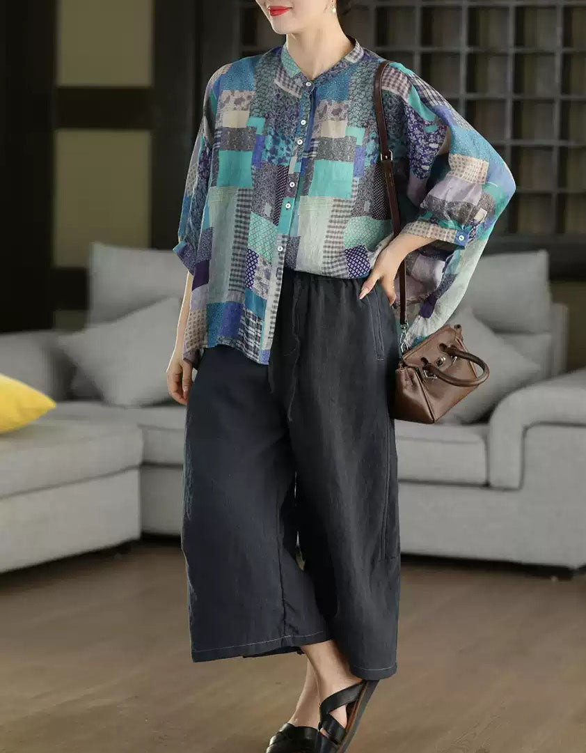 Casual Patchwork Linen Blend Blouse Women