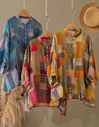 Boho Loose Fit Patchwork Button Up Shirt Women