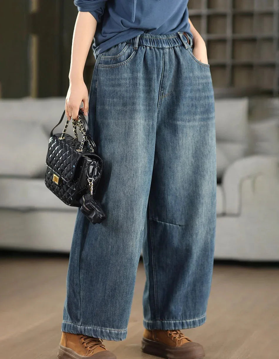Women’s Retro Casual Loose Fleece Lined Jeans - Islinen