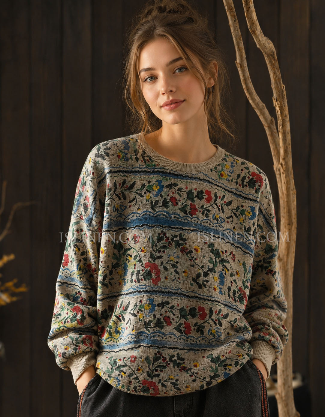 Women’s Vintage Floral Pattern Knit Crewneck Sweater