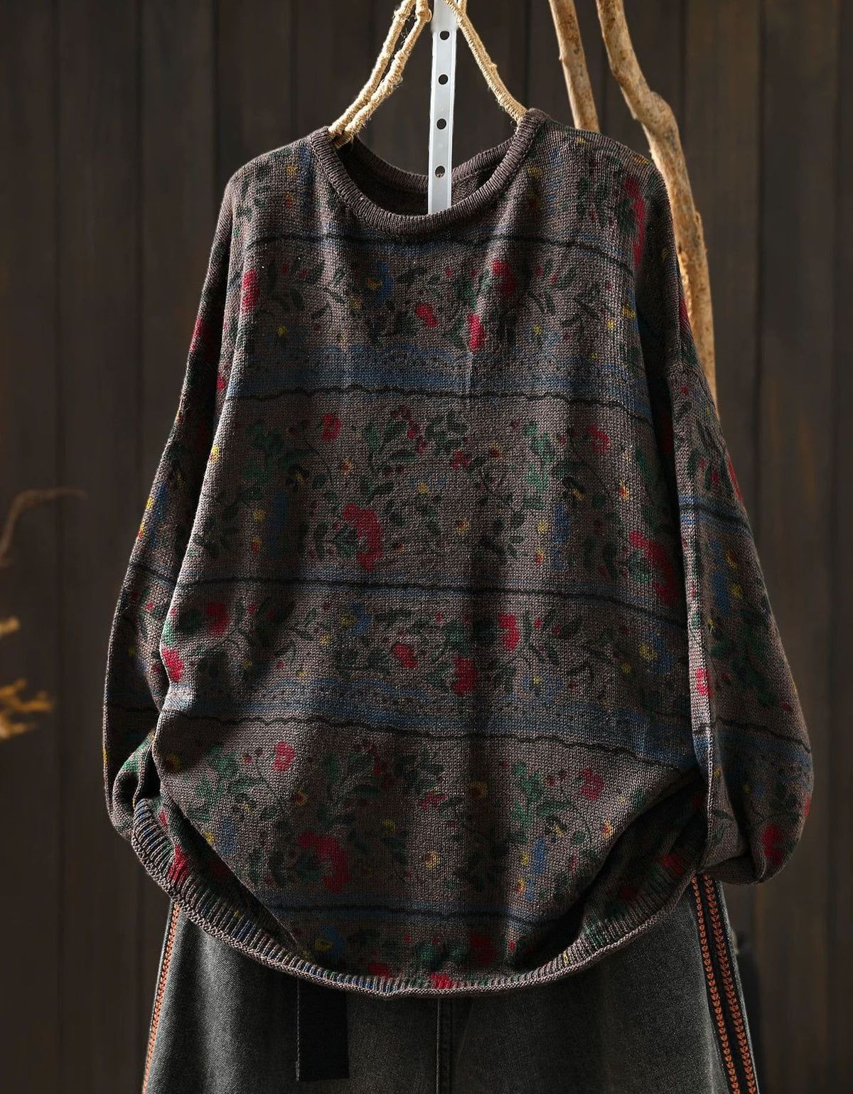Women’s Vintage Floral Print Crewneck Knit Sweater