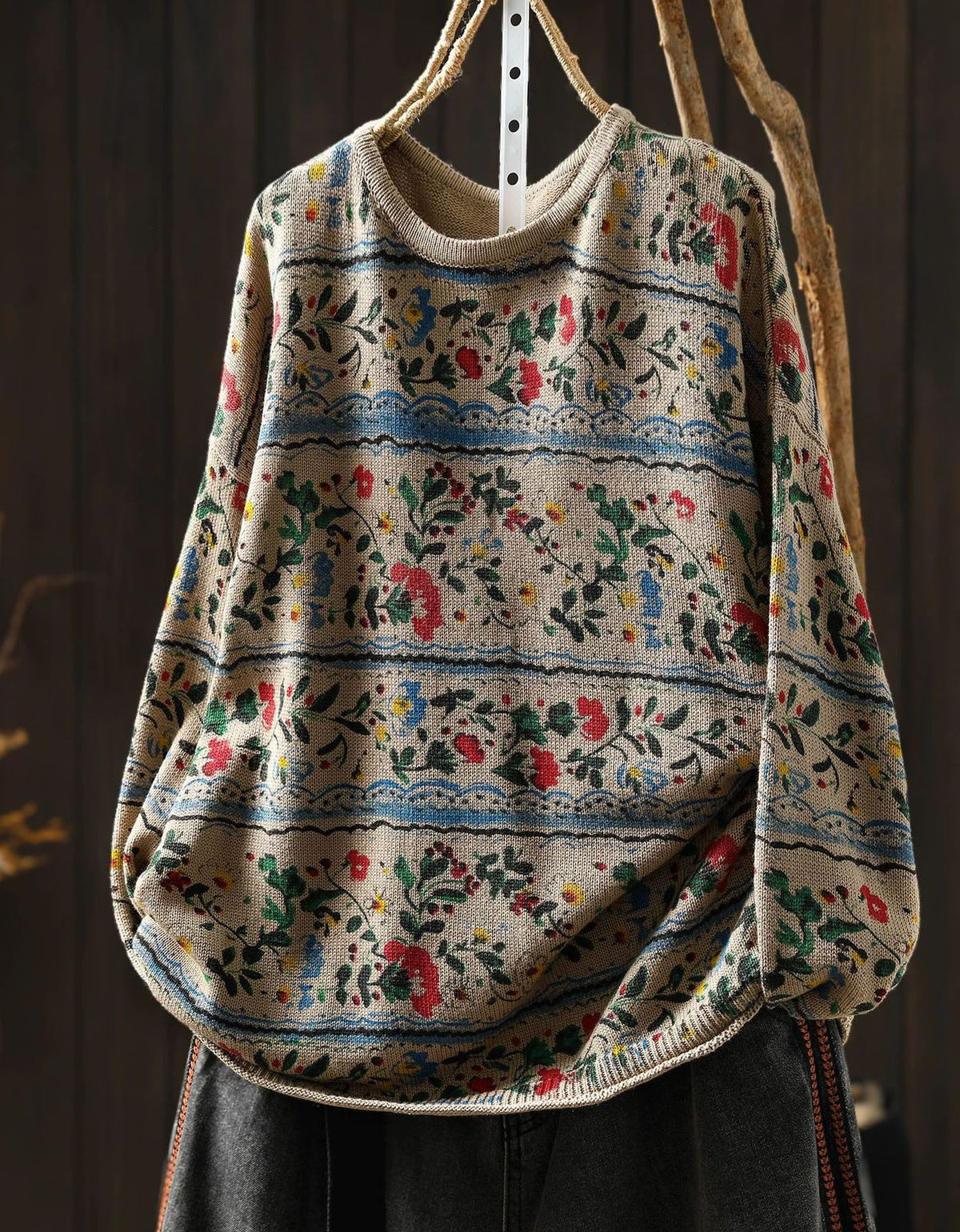 Women’s Vintage Botanical Floral Knit Pullover Sweater