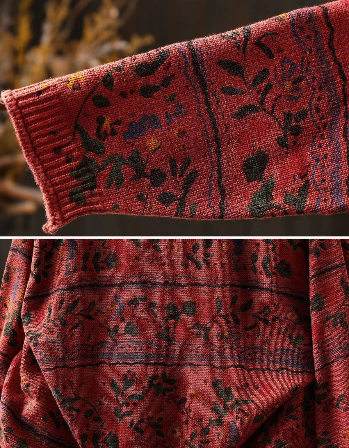 Women’s Colorful Vintage Floral Knit Crewneck Pullover