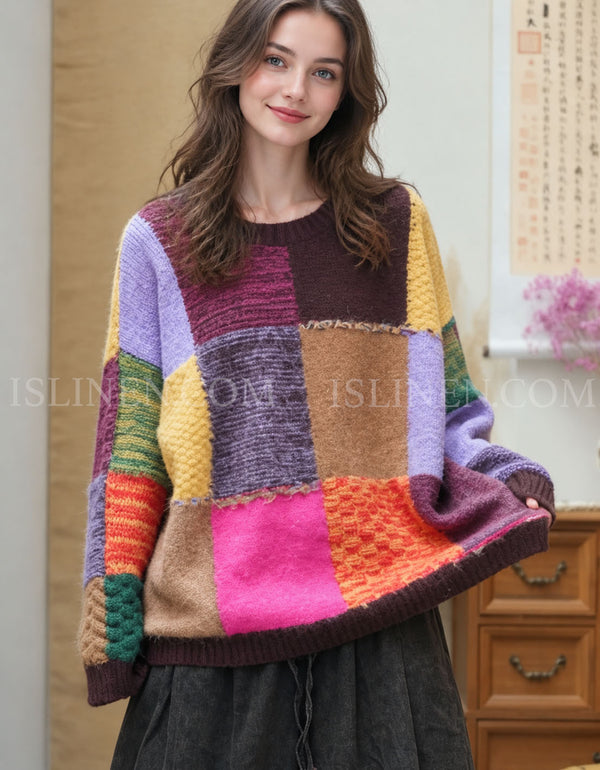Women's Colorful Patchwork Oversized Knit Sweater