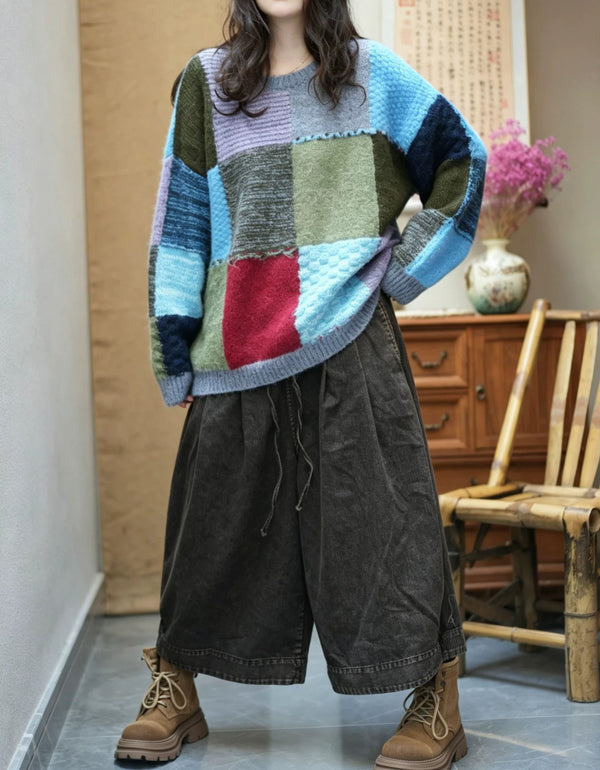 Oversized Women's Color Block Casual Knit Sweater
