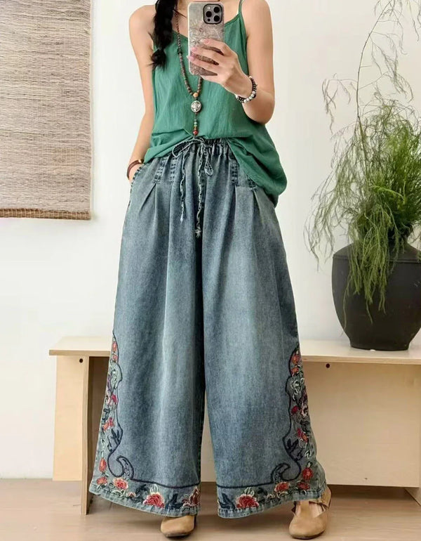Women’s Retro Embroidered Loose Wide Leg Jeans - Islinen