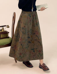 Women's Vintage Floral Midi Skirt – Elastic Waist Boho Casual Skirt