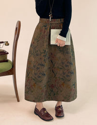 Women's dark floral print midi skirt with relaxed flowing silhouette