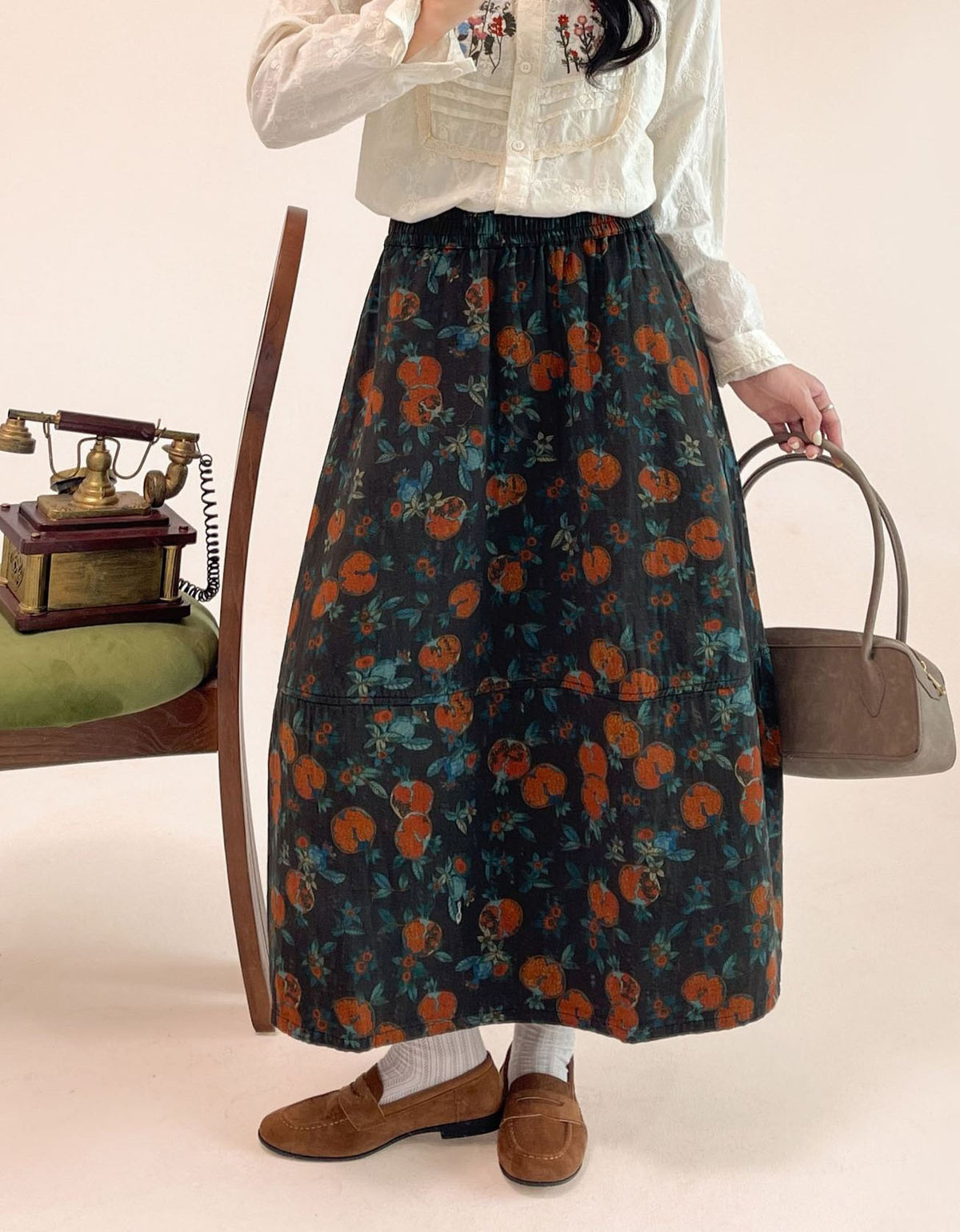 Women's Floral Midi Skirt – Vintage Elastic Waist Casual Skirt