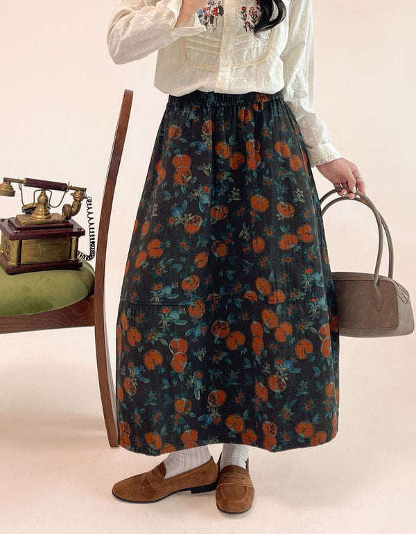 Women's Floral Midi Skirt – Vintage Elastic Waist Casual Skirt