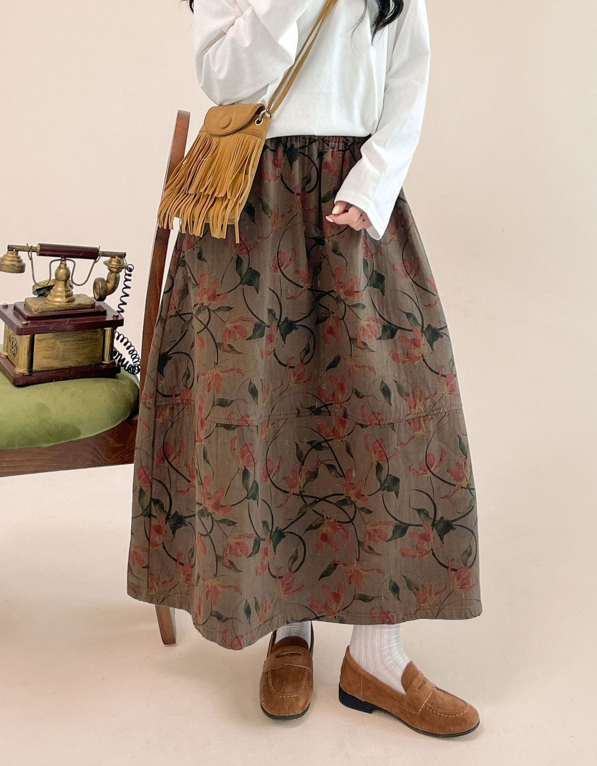 Women's Casual Floral Midi Skirt – Relaxed Elastic Waist Boho Skirt