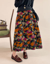 Women's Vintage Midi Skirt – Dark Floral Print Elastic Waist Skirt