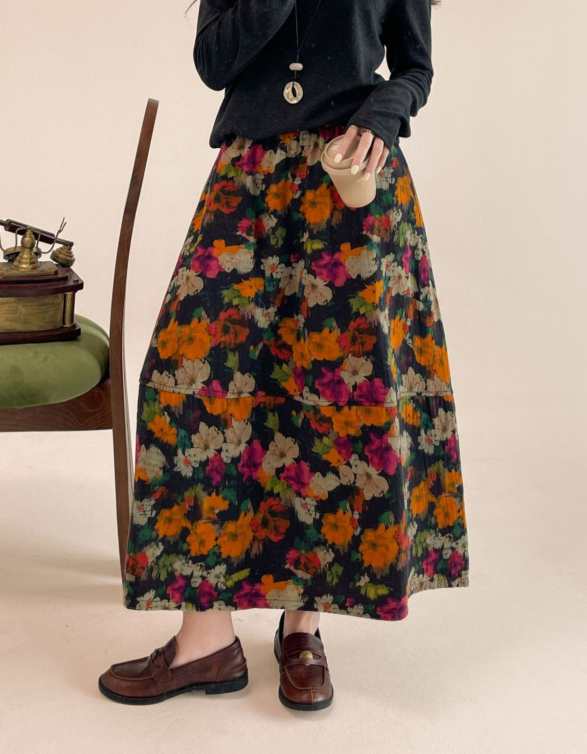 Women's Cottagecore Floral Midi Skirt – Vintage Casual Elastic Waist