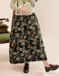 Woman wearing women's vintage floral midi skirt with elastic waist