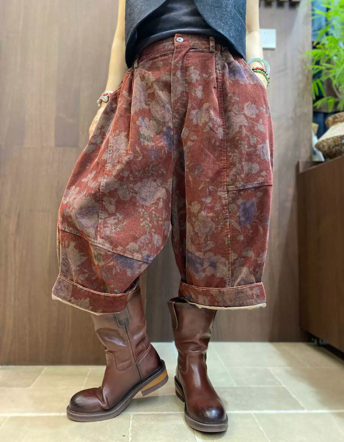 Women’s Vintage Floral Print Wide Leg Cropped Pants