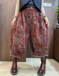 Women’s retro floral print cropped pants styled with brown boots