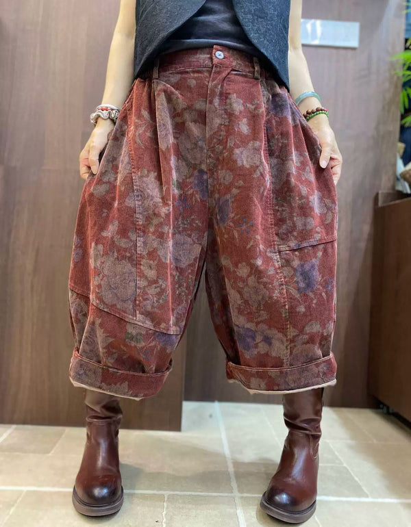 Women’s retro floral print cropped pants styled with brown boots