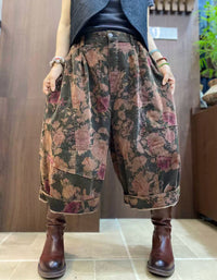 Vintage floral wide leg ankle pants with rolled cuffs