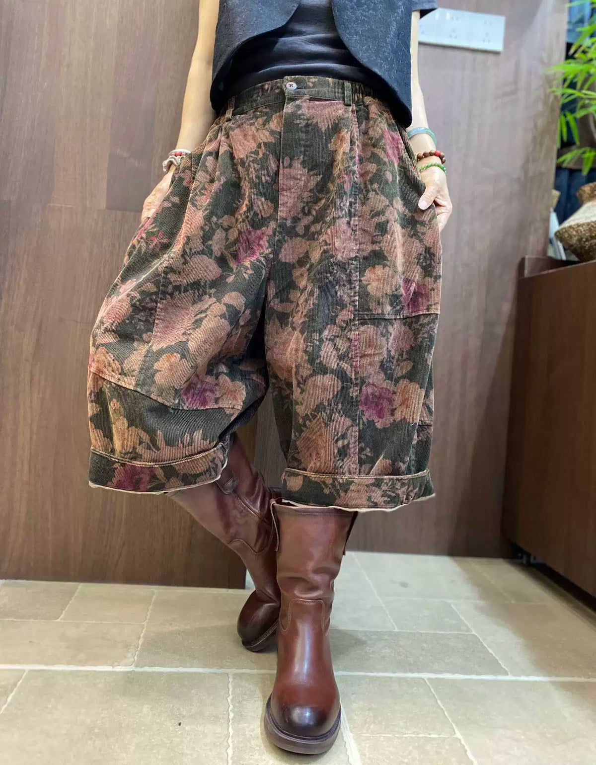 Women’s Retro Floral Wide Leg Casual Cropped Pants