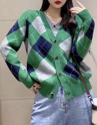 Women’s Retro Green Argyle Knit Cardigan Sweater