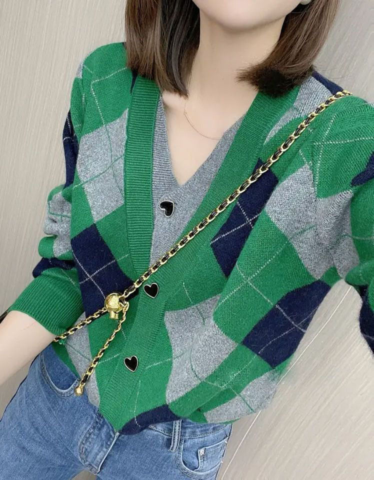 Women’s Retro Green Argyle Knit Cardigan Sweater