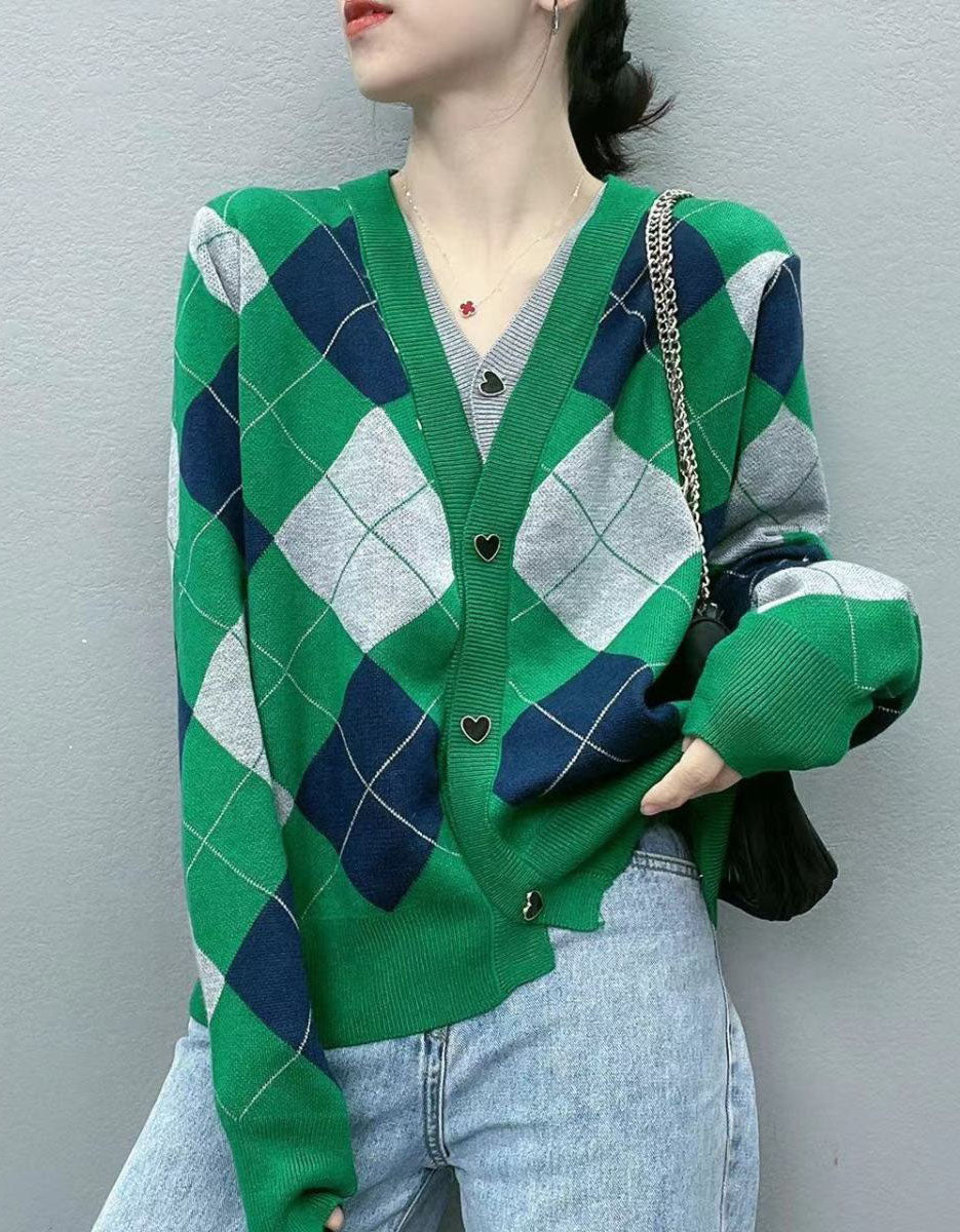 Women’s Retro Green Argyle Knit Cardigan Sweater