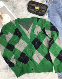 Women’s Retro Green Argyle Knit Cardigan Sweater