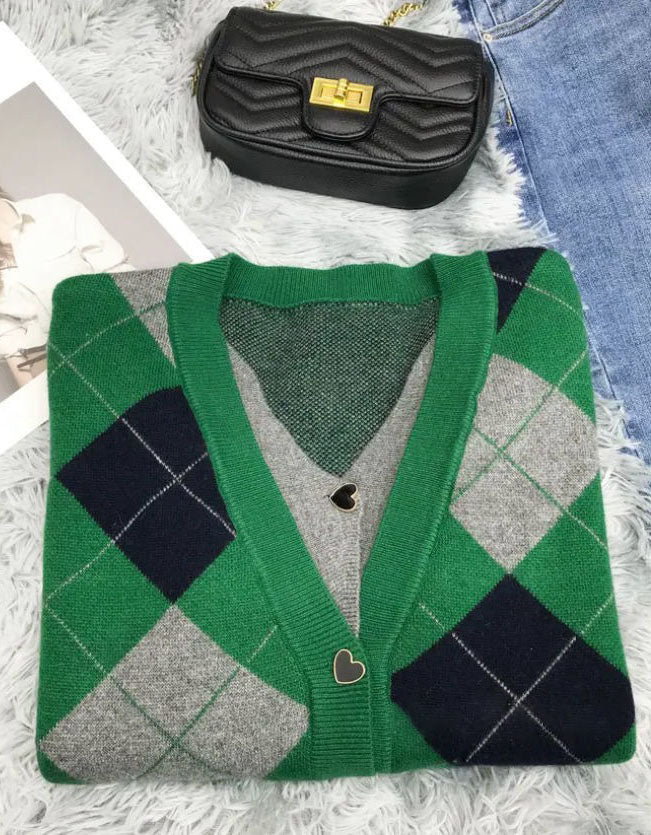 Women’s Retro Green Argyle Knit Cardigan Sweater