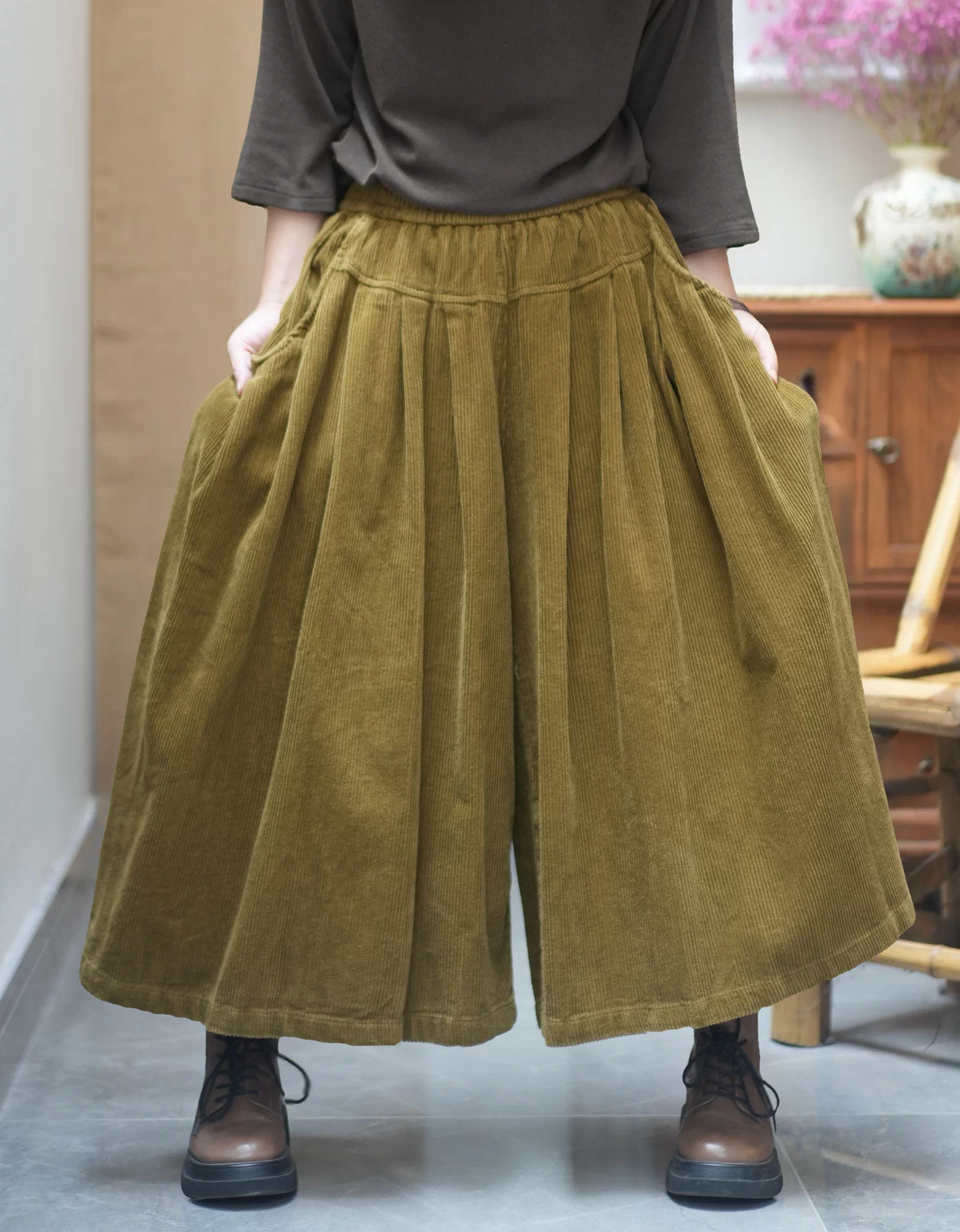 Women's Vintage Corduroy Wide Leg Culotte Pants