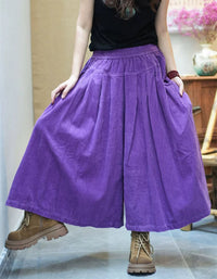 Women's vintage corduroy wide leg culotte pants with a high waist and gathered pleats