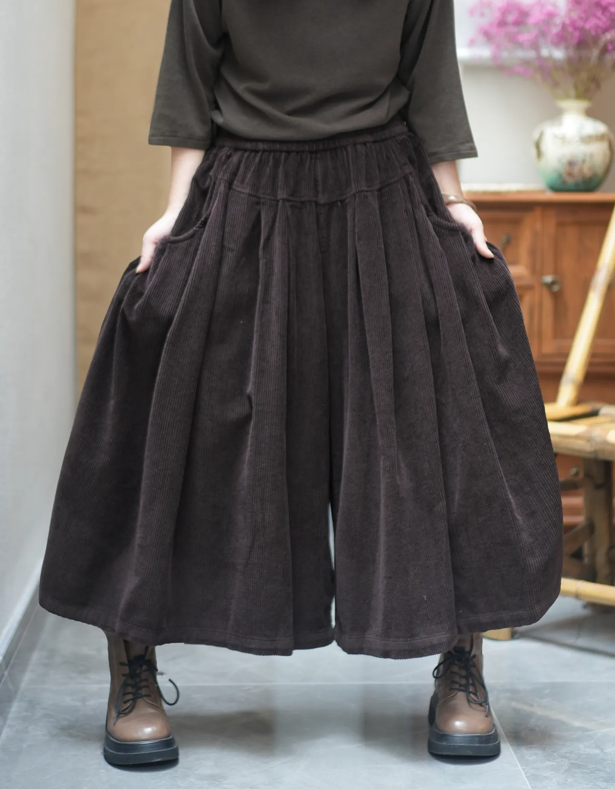 High Waist Corduroy Pleated Wide Leg Pants for Women