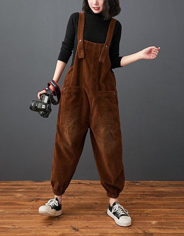 Women's Retro Loose Fit Corduroy Overalls