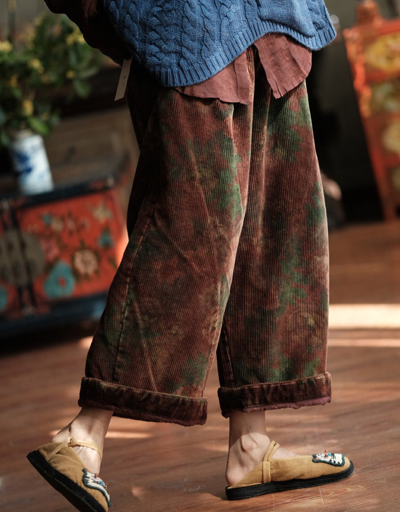 Women’s Retro Loose Fit Floral Corduroy Wide Leg Pants