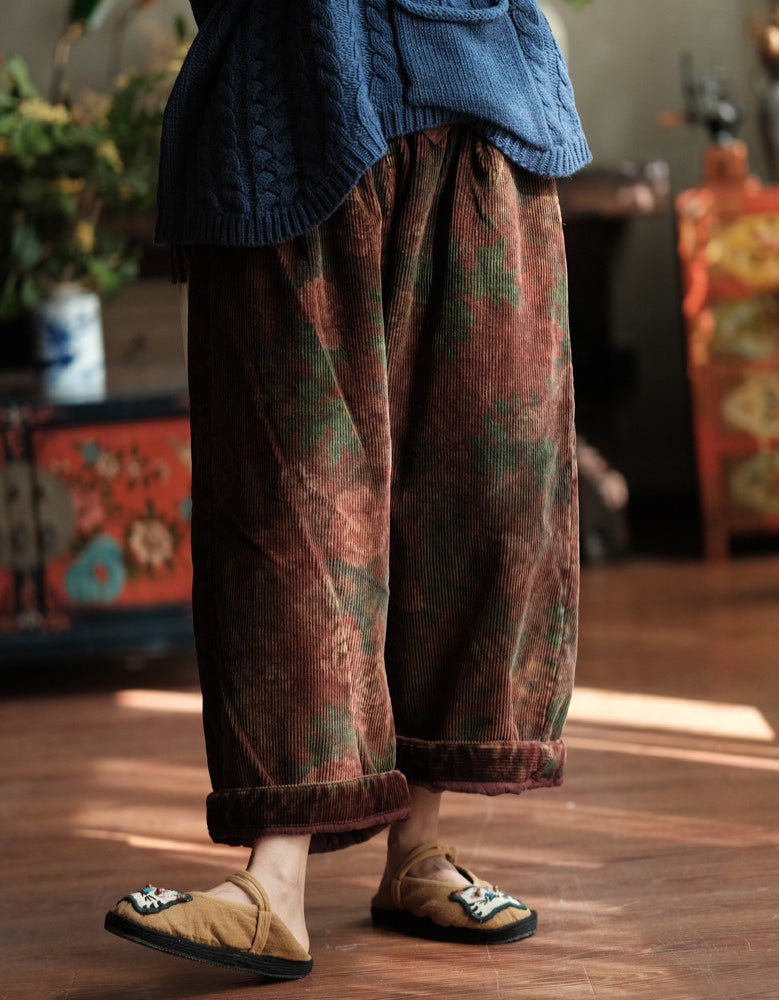 Women’s Retro Loose Fit Floral Corduroy Wide Leg Pants