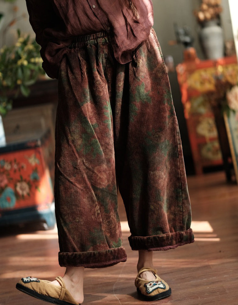 Women’s Retro Loose Fit Floral Corduroy Wide Leg Pants